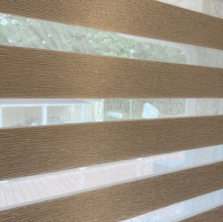 motorized zebra shades in kitchen and living room