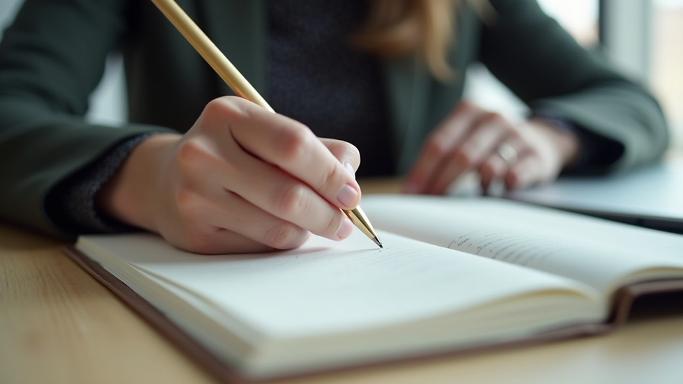 Eye-level view of a person writing goals in a notebook on a desk