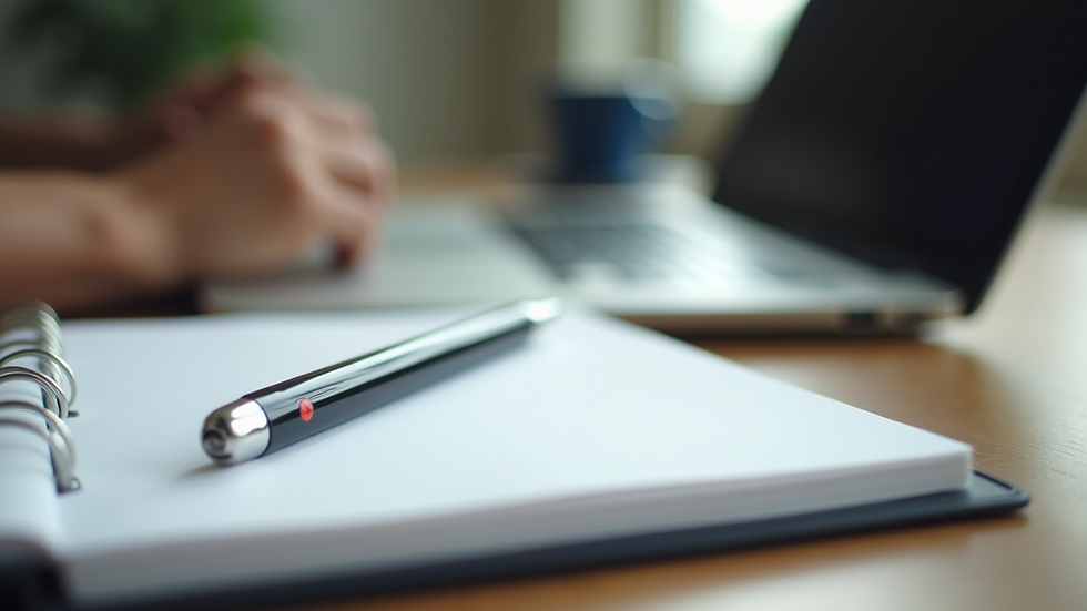 Close-up view of a notebook and pen beside a laptop during an online coaching session