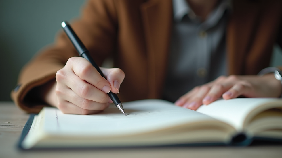 Close-up view of a person writing goals in a journal