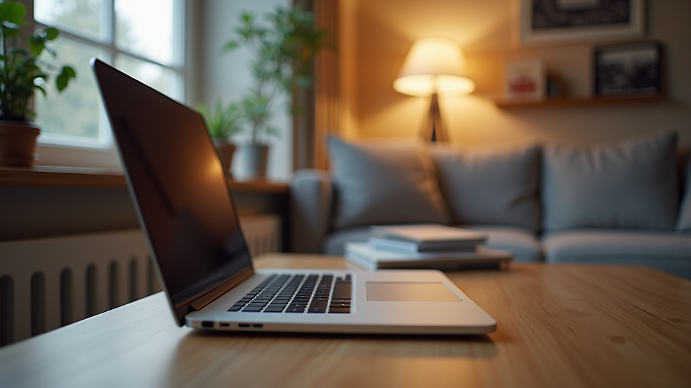 Eye-level view of a laptop on a desk with a cozy home office setup