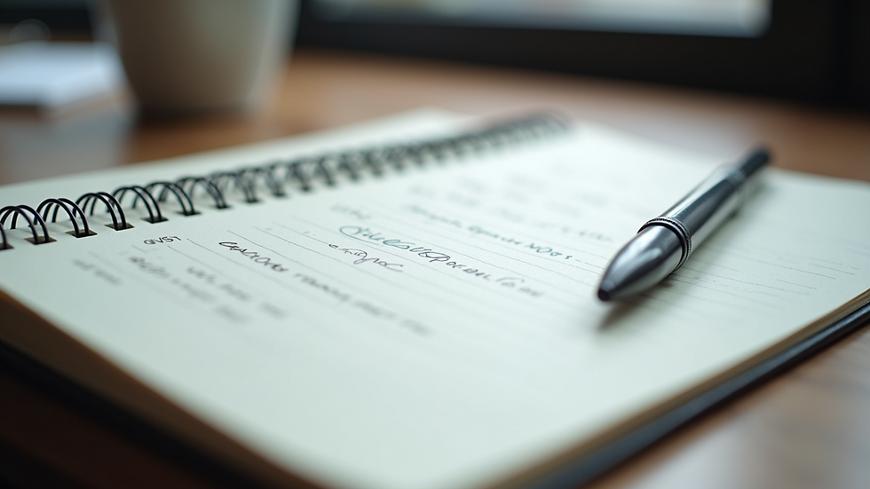 Close-up view of a notebook with coaching goals and a pen