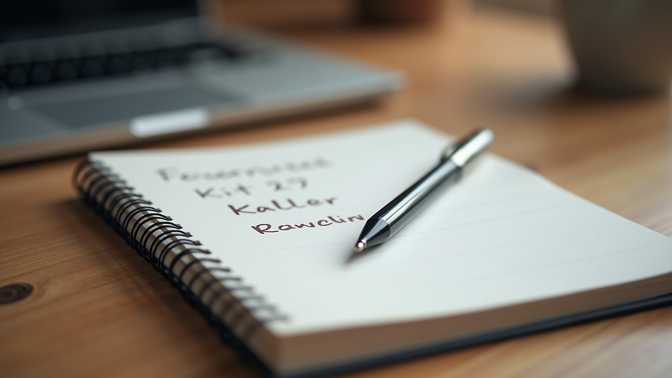 Close-up view of a notebook with handwritten notes and a pen on a wooden table