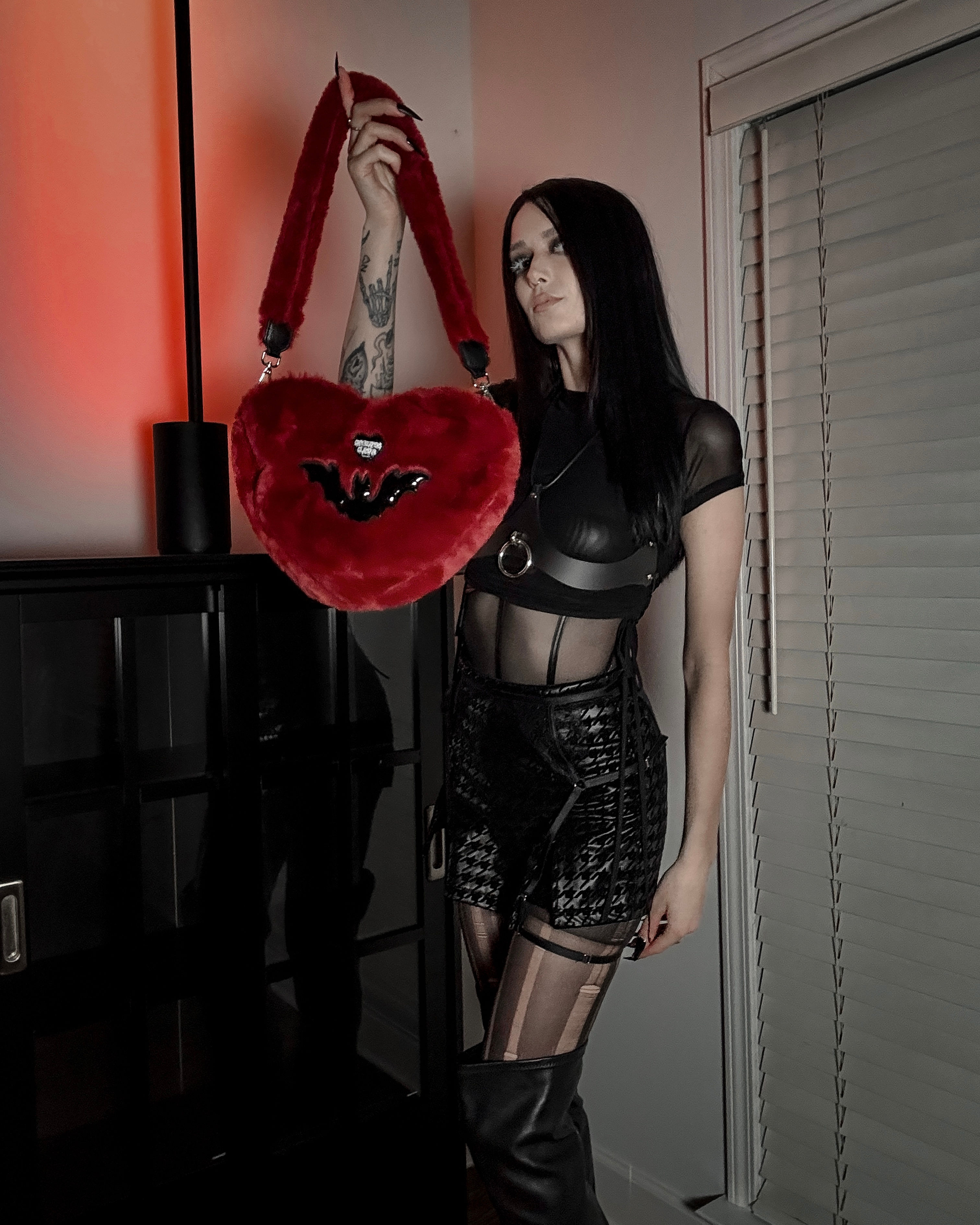 Fluffy Bat Heart Purse/Crossbody- Cherry Red