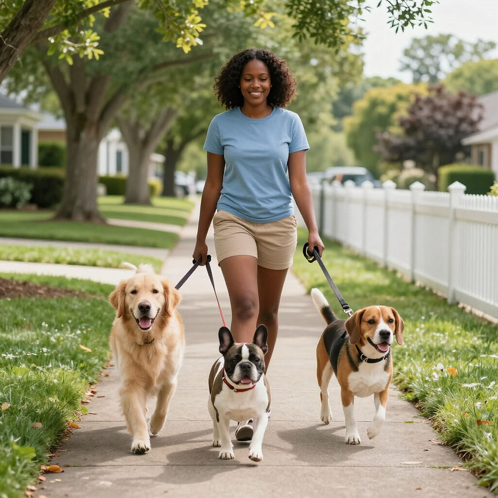 Professional dog walker walking 3 dogs on leash on a path in San Leandro.