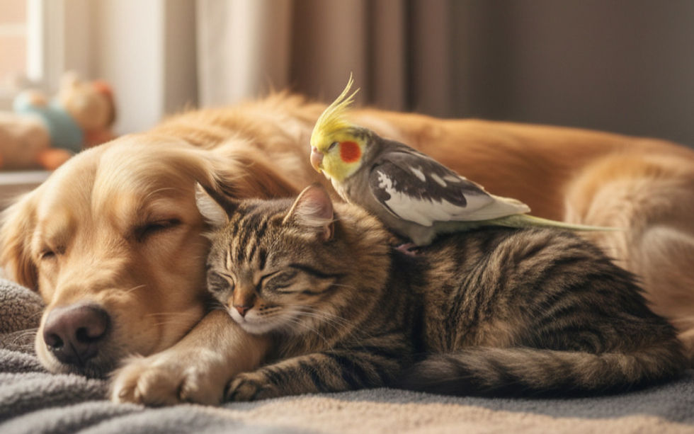 A dog, cat, and bird laying together comfortably - All-inclusive pet sitting and animal care in Fremont and East Bay by The Woof Pack.