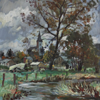 José Wolff. Titre au verso : Fanzel, église et peupliers, temps gris . Huile sur panneau 65/43 cm