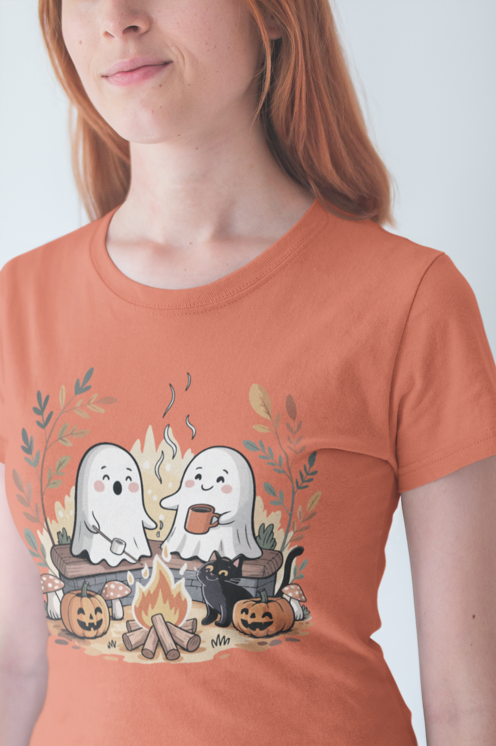 Cute Ghost Campfire Halloween T-Shirt Cozy Fall Ghost Tee Spooky Season Graphic