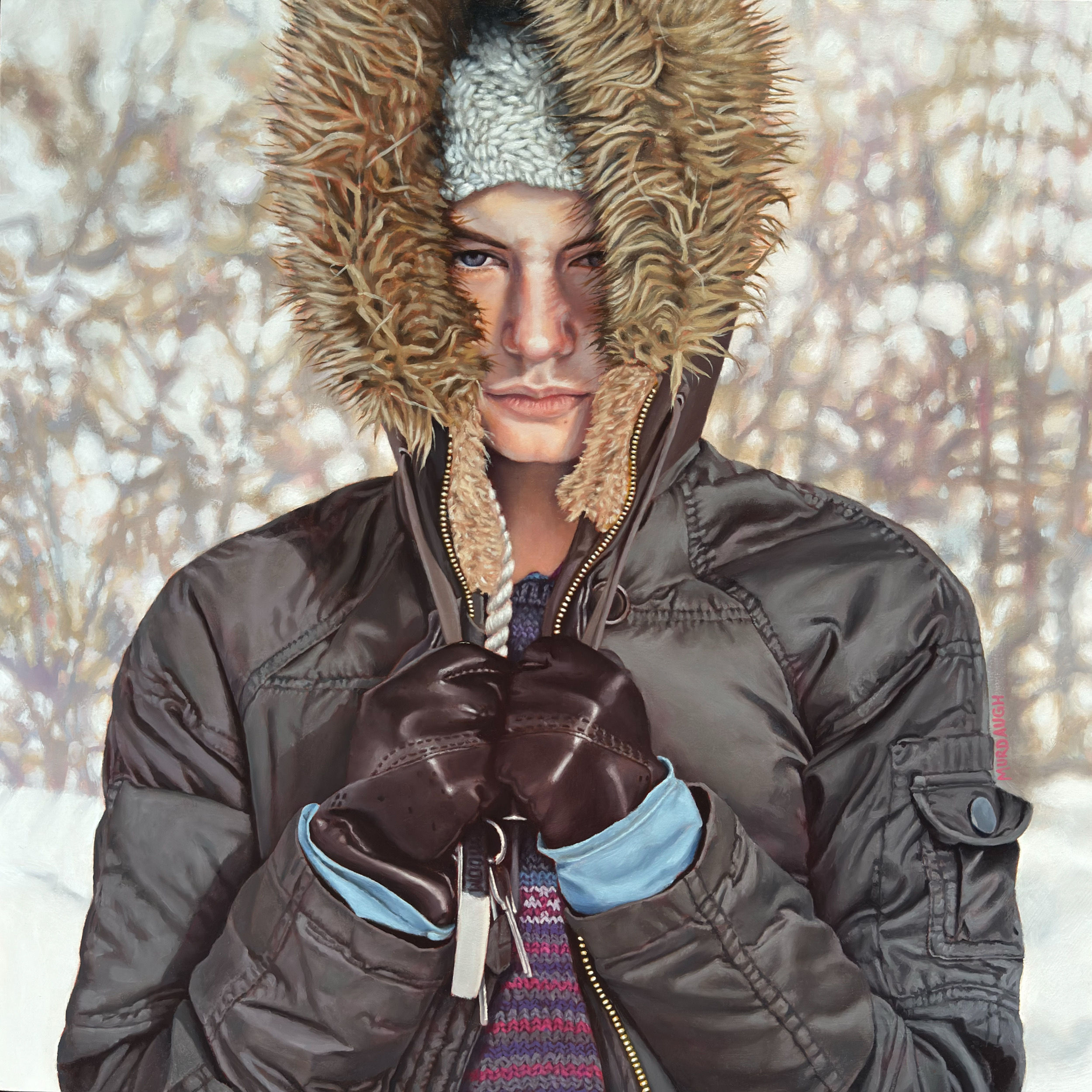 original oil portrait painting of a girl in the snow wearing a jacket with a fur trimmed hood