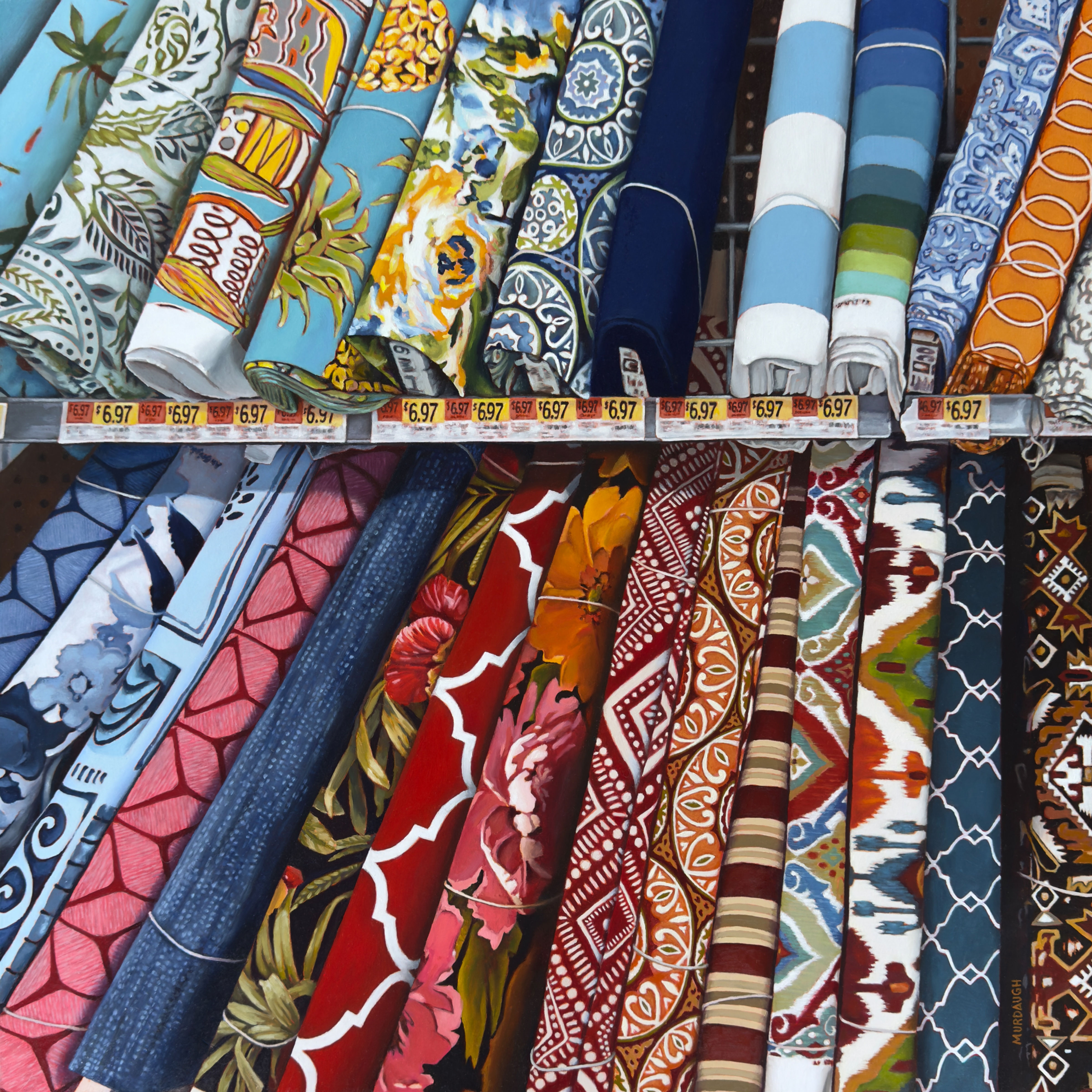 original oil painting of bolts of fabric on shelves in a store