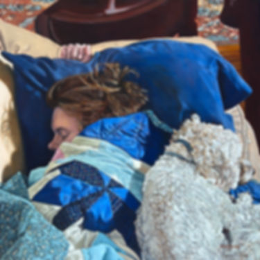 original oil still life portrait painting of girl under quilt sleeping next to dog