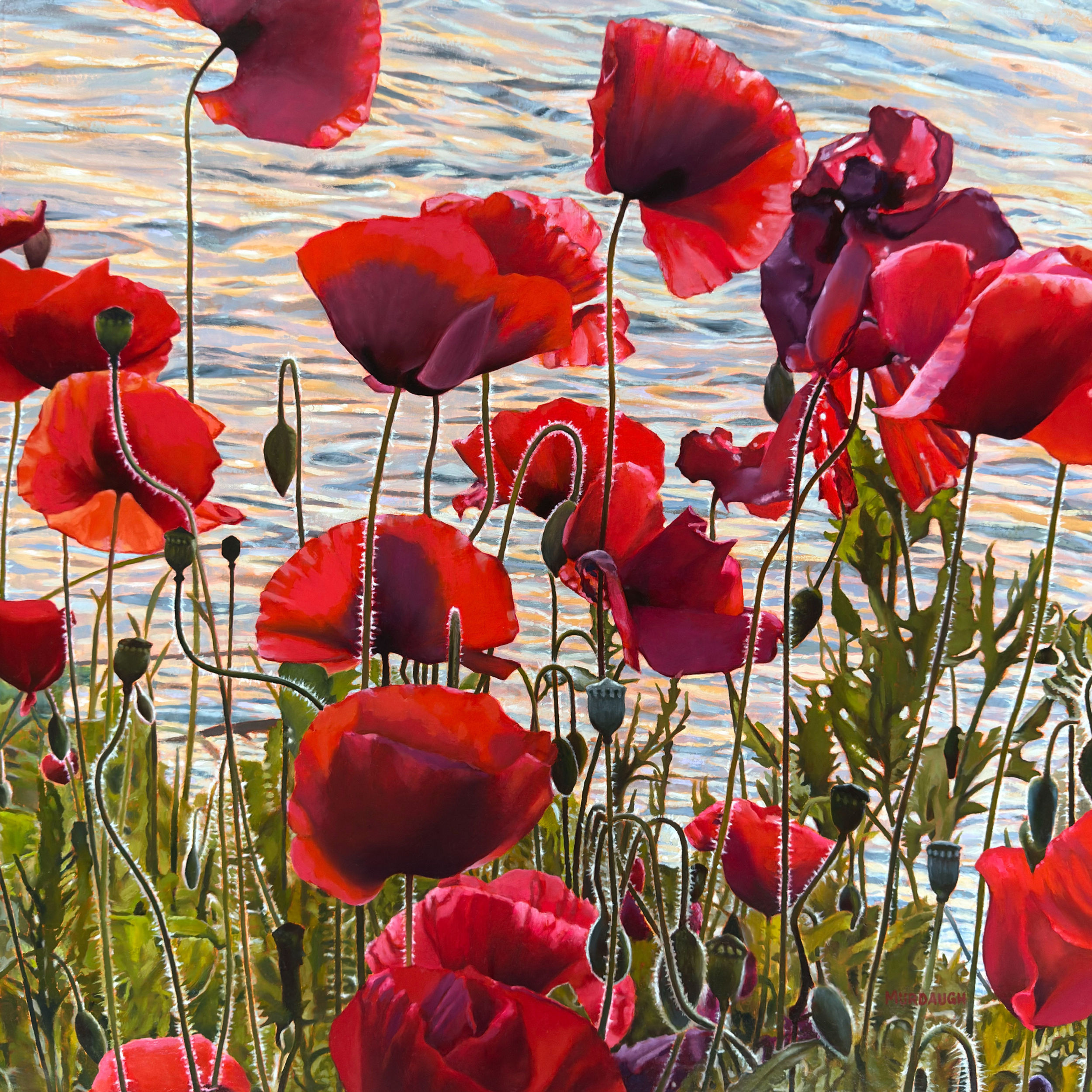 original oil landscape flower painting of poppies in natchez under-the-hill beside the mississippi river