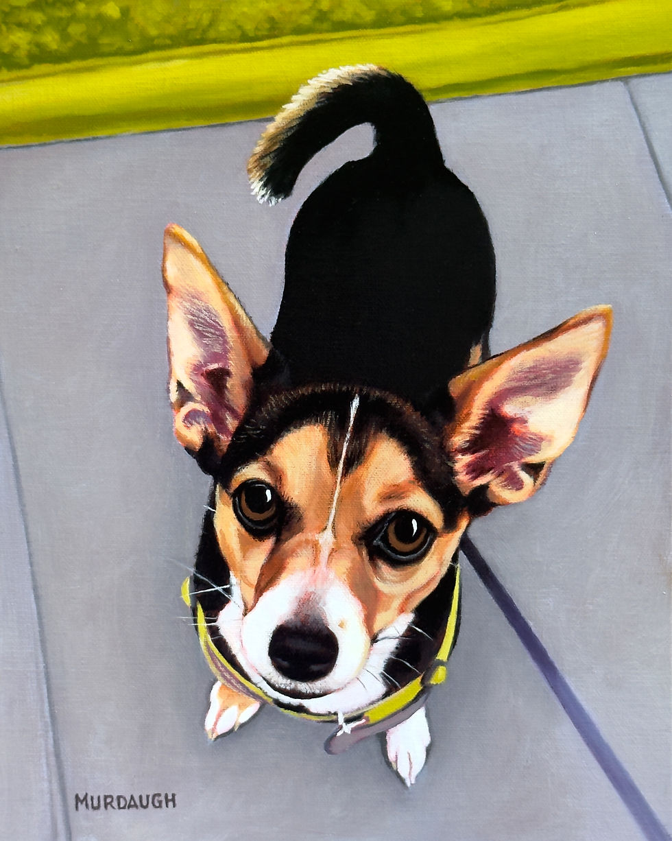 original oil painting of black rescue dog on a leash