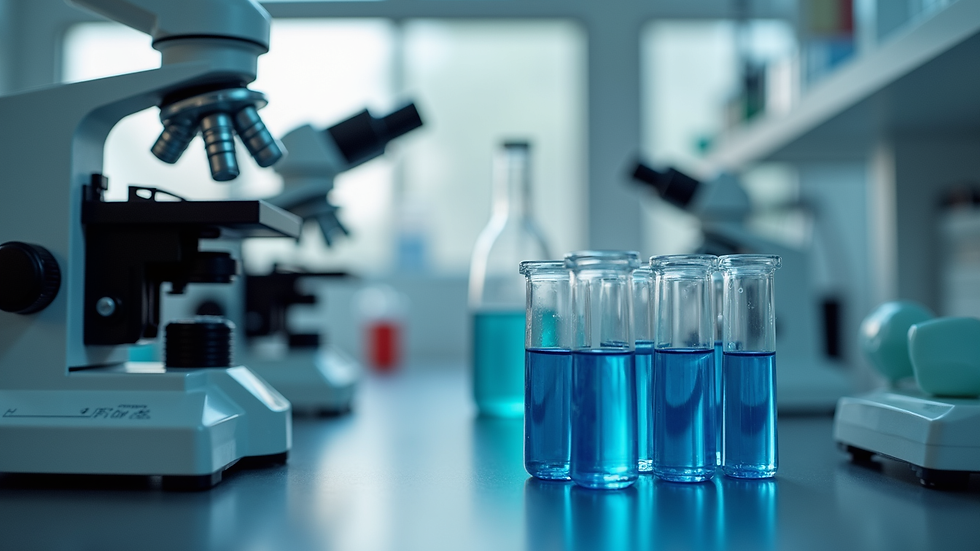 Close-up view of a medical research laboratory with microscopes and test tubes
