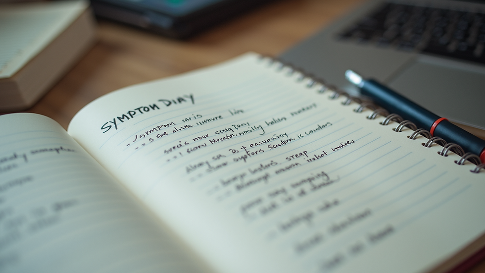 Close-up view of a notebook with handwritten symptom diary entries