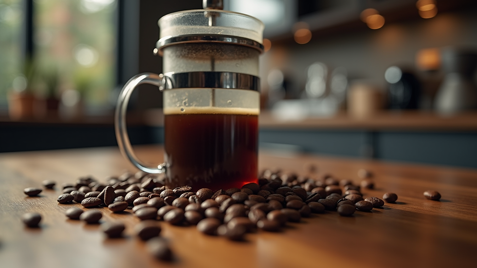 Eye-level view of a coffee brewing setup with fresh beans and a French press