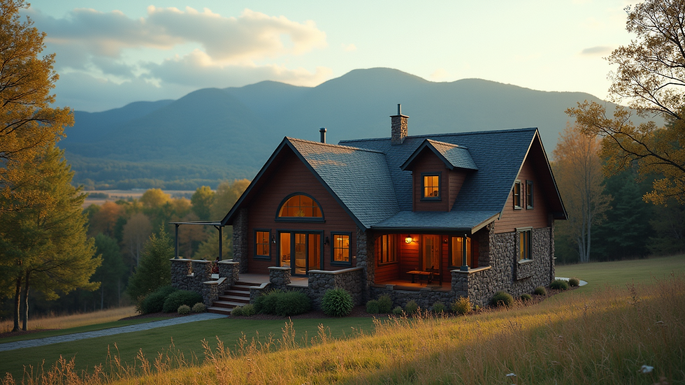 Wide angle view of a cozy North Georgia home with mountain backdrop