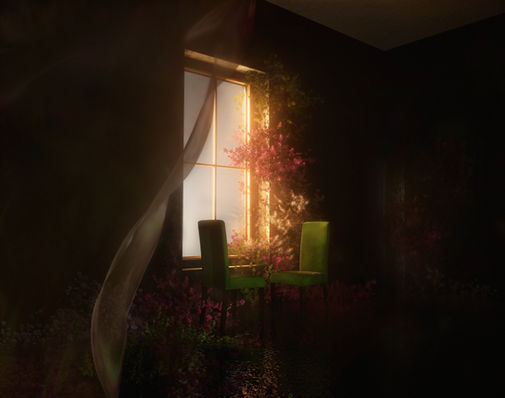 two green chairs in front of a sunlit window surrounded by flowers in a dark room with a veil in front of the opening of the room, as if the viewer is observing.