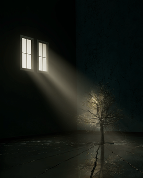 a tree growing through a fractured mirrored surface towards the sunrays coming through two windows in a dark room