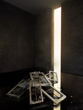 a pile of broken windows in a dark room with peeling plaster walls  lit up through a slit in the wall.