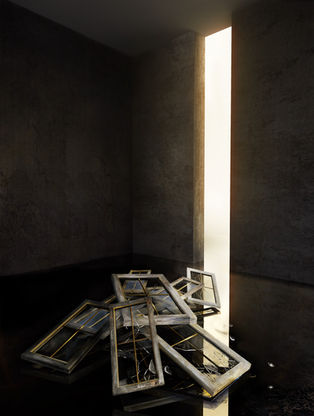 a pile of broken windows in a dark room with peeling plaster walls  lit up through a slit in the wall.