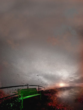 fading sunset in gray and pink, a green bench on a bridge towards the horizon, flowers dissolve in fog