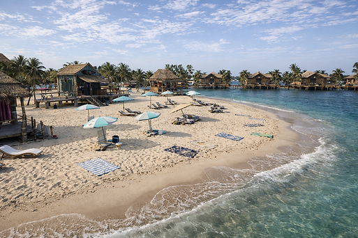Tropical beachfront paradise with bungalows.png