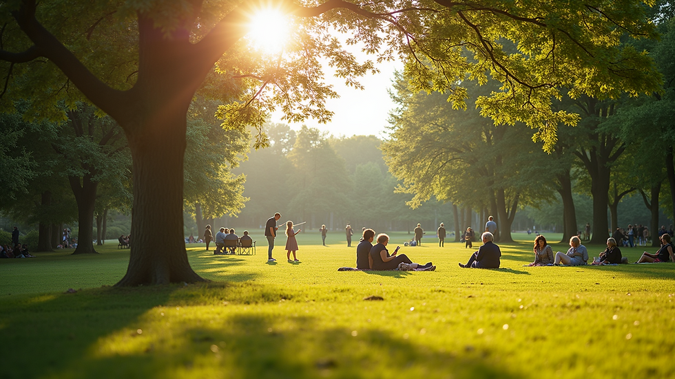 Wide angle view of a sunny park with people enjoying a weekend outing