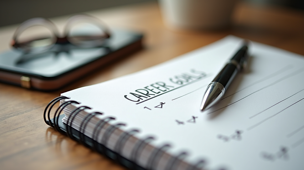 Close-up view of a notebook with career goals and a pen on a wooden desk