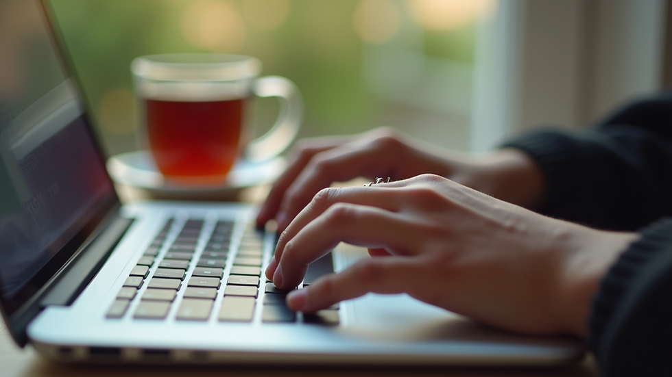 Close-up view of a person typing on a laptop keyboard with a cup of tea nearby