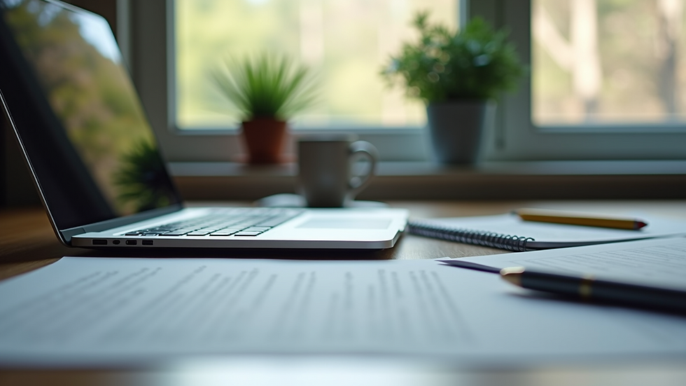 Eye-level view of a modern workspace with a laptop and digital learning materials