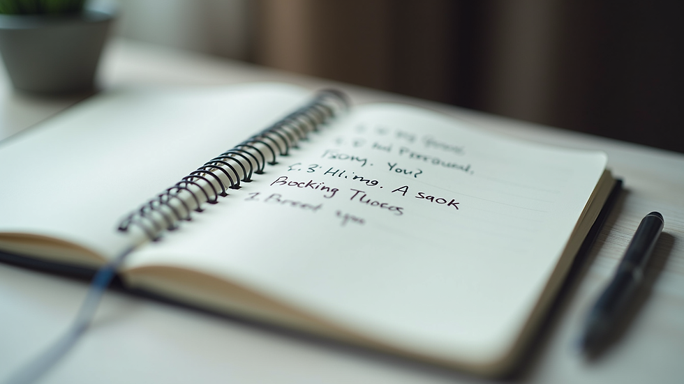 Close-up view of a notebook with handwritten goals and a pen