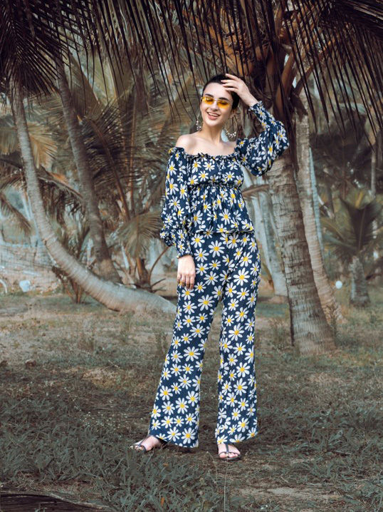 COORDS-T/FP032P RESORTWEAR COORDS – OFF-SHOULDER TOP & WIDE LEG TROUSERS