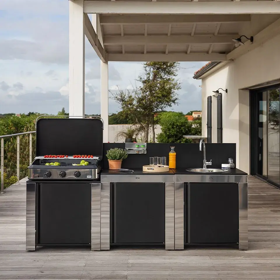 Cuisine d'extérieur 3 modules noir et inox avec Enosign 80
