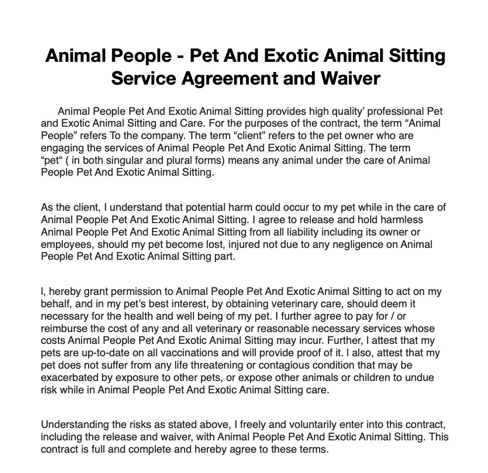 Pet-sitting liability waiver — original Animal People document. Open the full-size link above to zoom and read all terms.