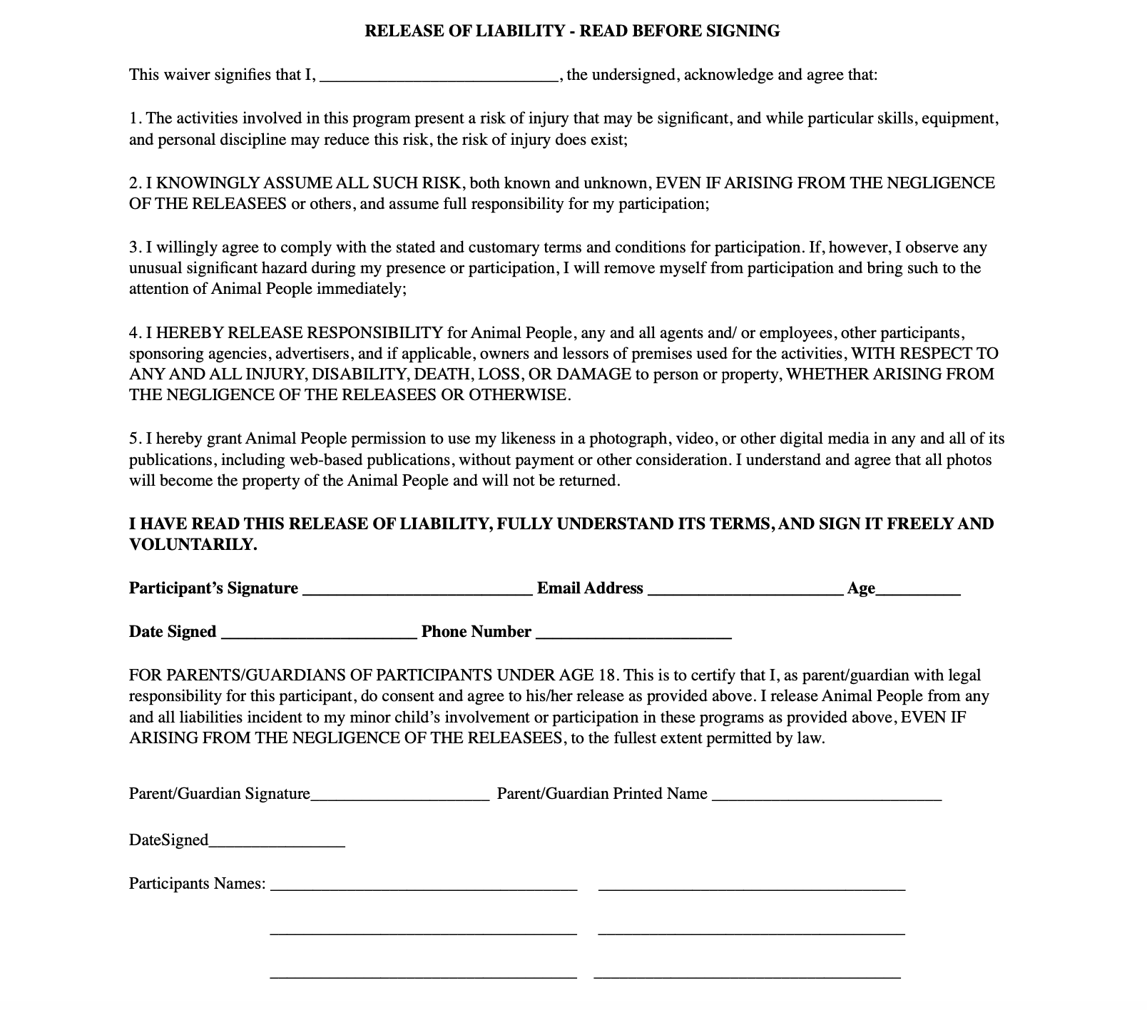 Client waiver — original Animal People document. Open the full-size link above to zoom and read all terms.