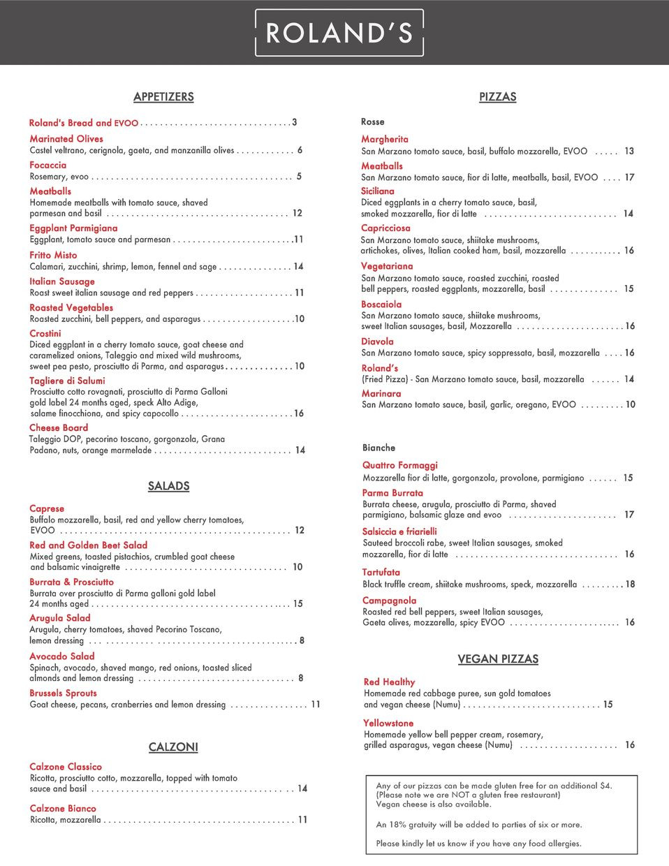 The menu at Roland's in Harlem