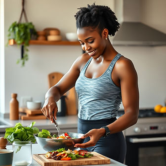 realistic black woman cooking a healthy dinner in workout clothes.jpg