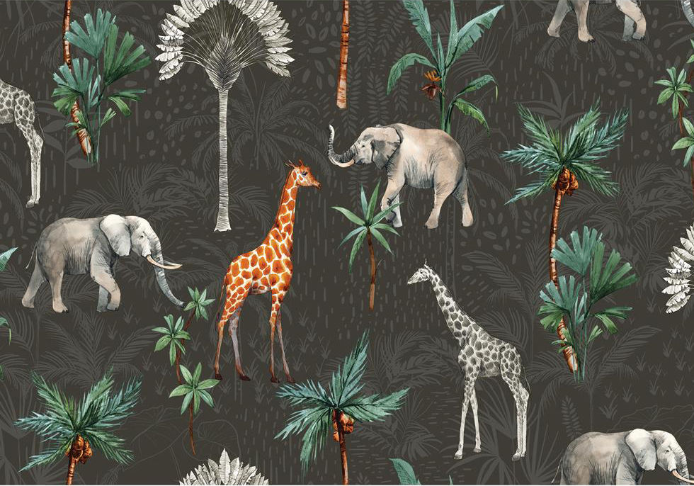 Papel tapiz infantil color negro con diseño de animales