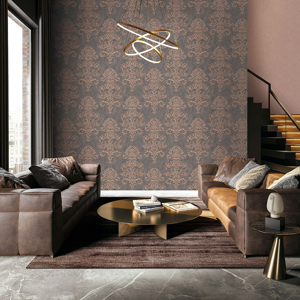 Papel tapiz color gris con diseño ornamental clásico en color dorado