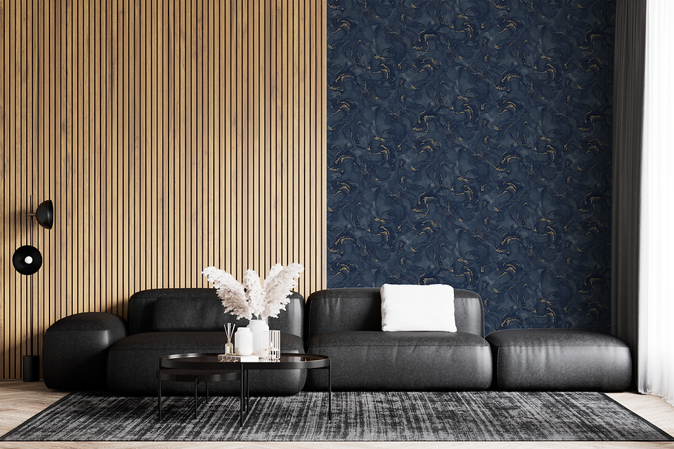 Papel tapiz azul tipo marmoleado con detalles dorados