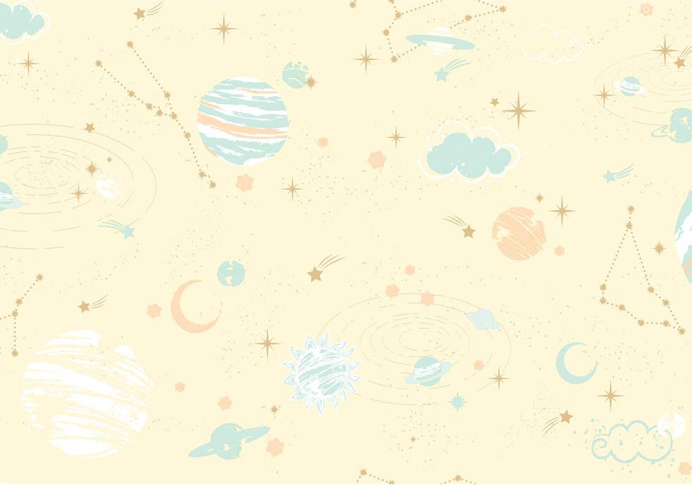 Papel tapiz infantil color amarillo con diseño de planetas y constelaciones