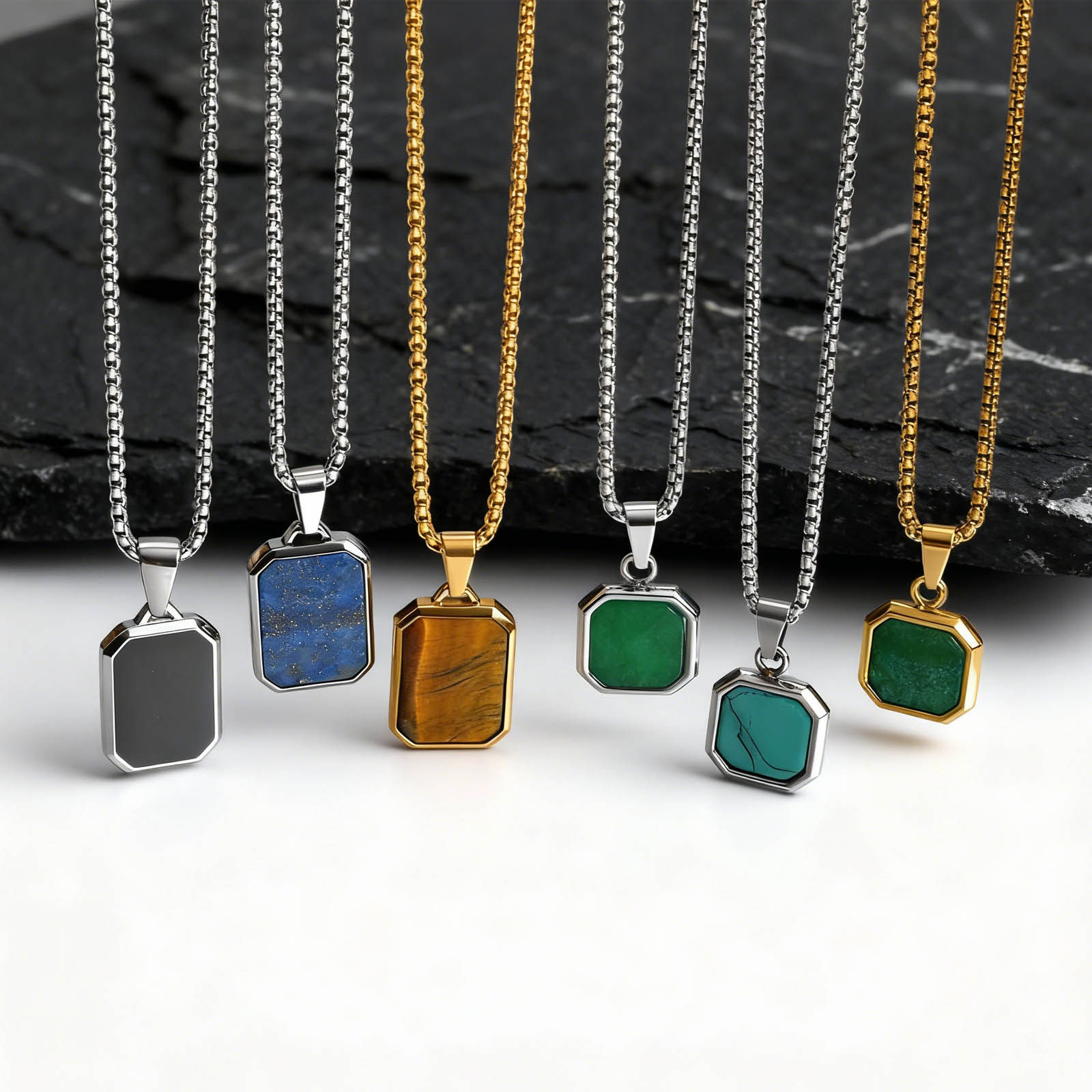 Trendy Pendant Necklaces for Men,Square Natural Stone Stainless Steel Necklaces,