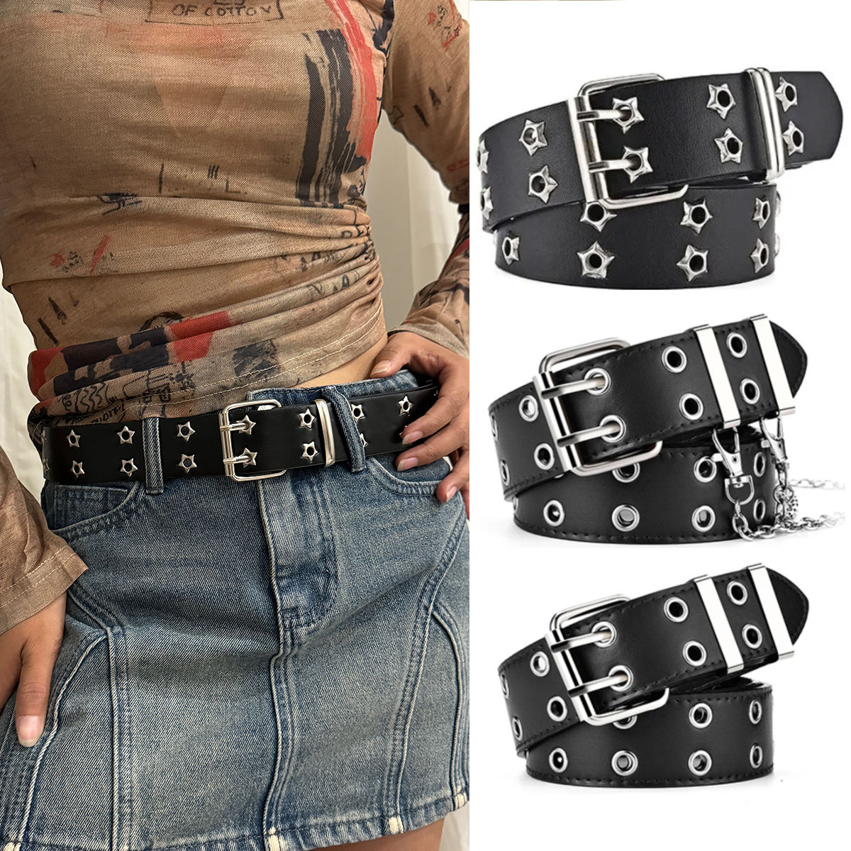 Women's Belt Large size Double Hole Men Belt Punk Hip Hop Rock Style Subculture