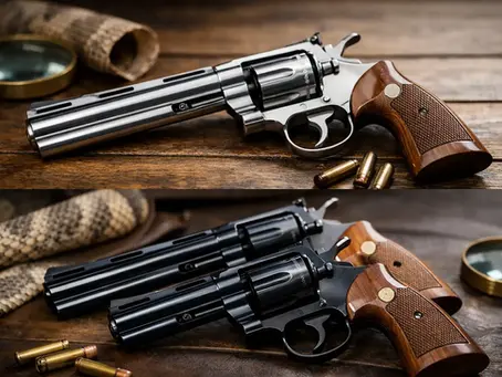 Two vintage Colt Python revolvers displayed on a wooden table with wooden grips and ammunition.