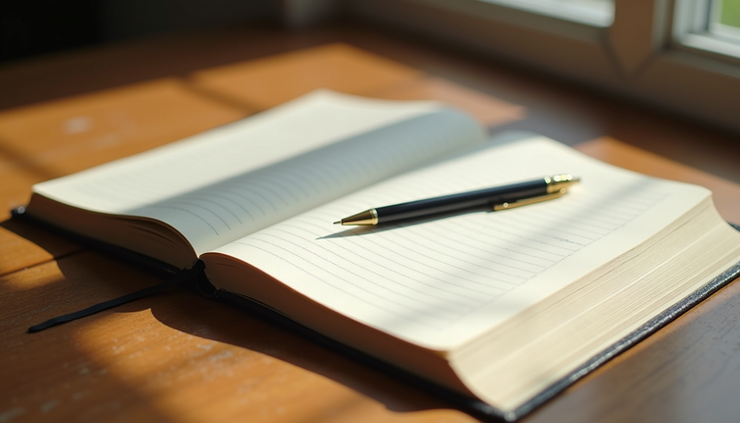 High angle view of a journal and pen on a wooden table, symbolizing reflection and mental health work