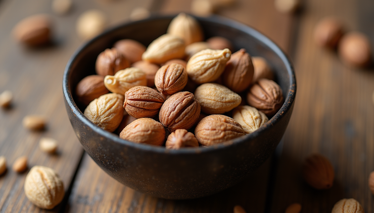 Eye-level view of a bowl of mixed nuts and seeds on a wooden table