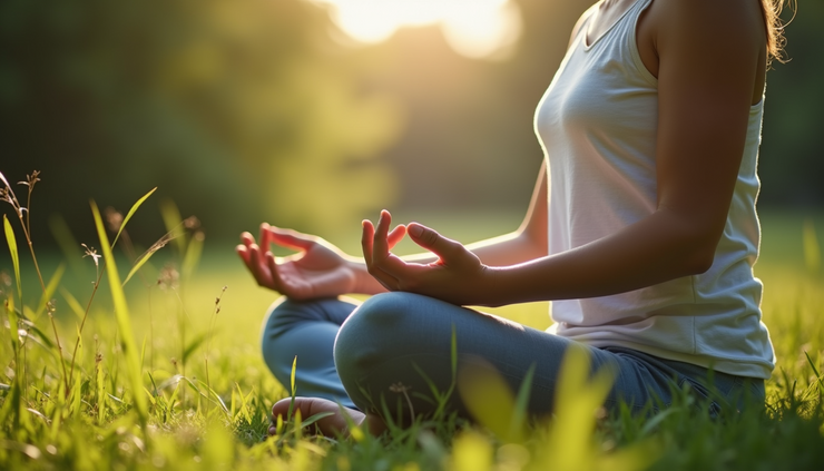 Close-up view of a person meditating outdoors with natural surroundings