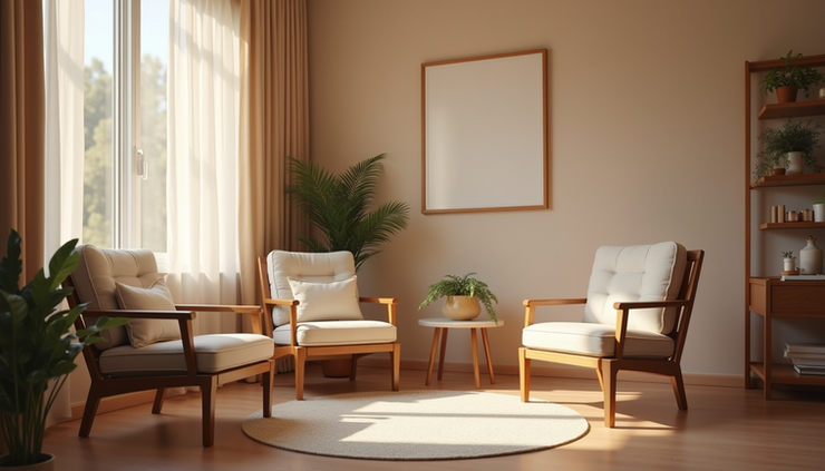 Eye-level view of a calm therapy room with comfortable chairs and soft lighting
