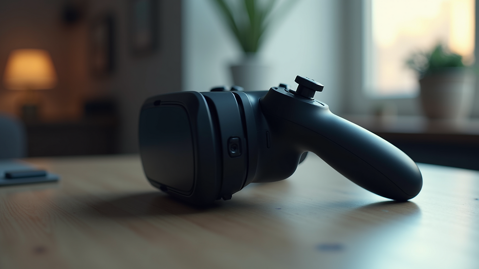 Close-up view of a VR controller resting on a table ready for use